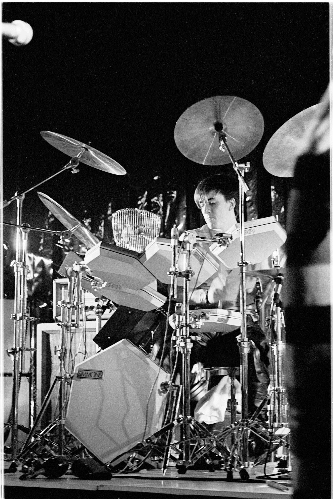 John Keeble Of Spandau Ballet Performs On Stage At The Sundown Theatre, 1981.
