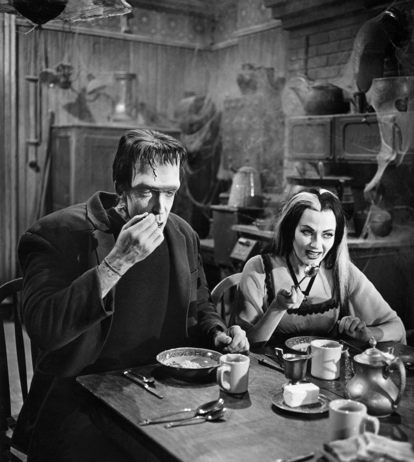 Herman And Lily Munster Share Breakfast On 'The Munsters.' Undoubtedly Ghoulish. 1964.