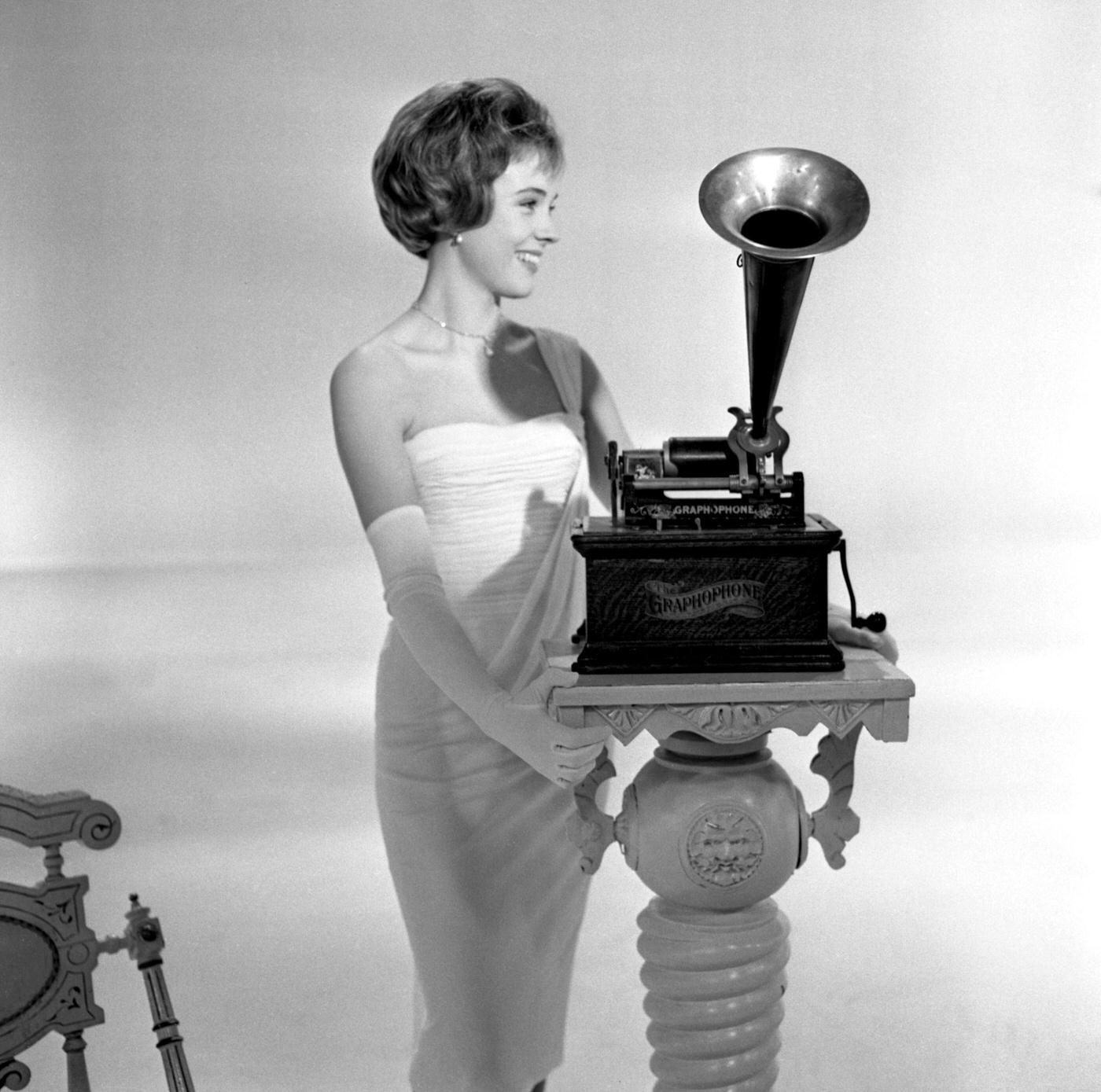 Julie Andrews With A Cylinder Phonograph, 1960.