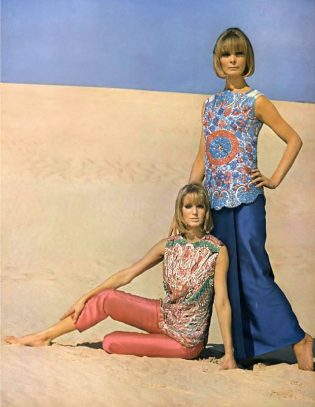 Models In Embroidered Tunic Tops Over Narrow Silk Pants, 1963.