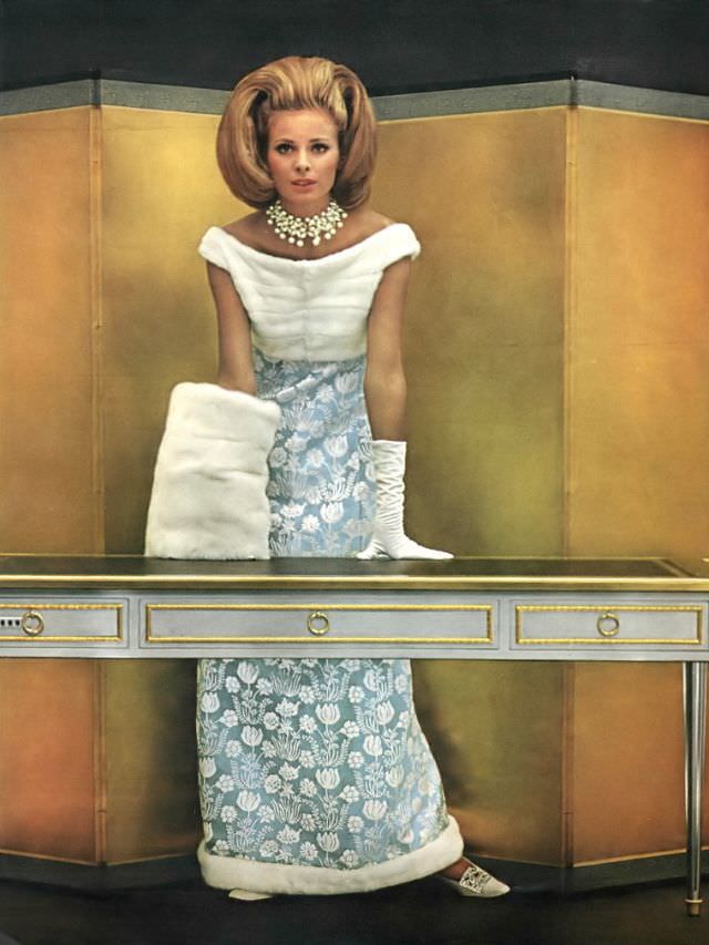 Camilla Sparv In A Blue And White Brocade Dress With An Empire Top, 1964.