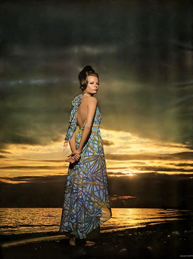 Model In A Rayon-Crepe Nightdress With Fireburst Stripes, 1967.