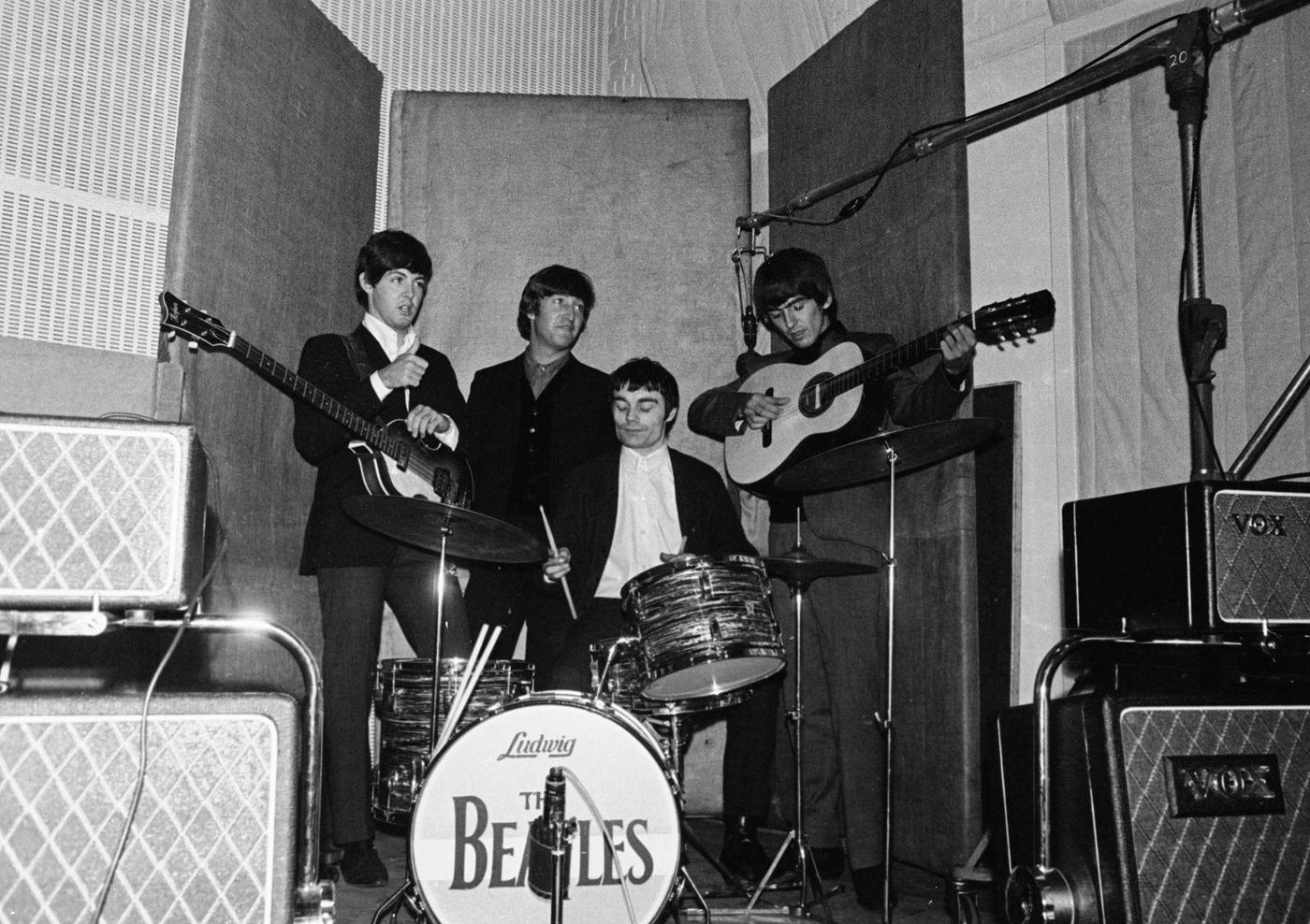 The Beatles With Temporary Drummer Jimmy Nicol Rehearsing In Emi Studio, London, 1964.