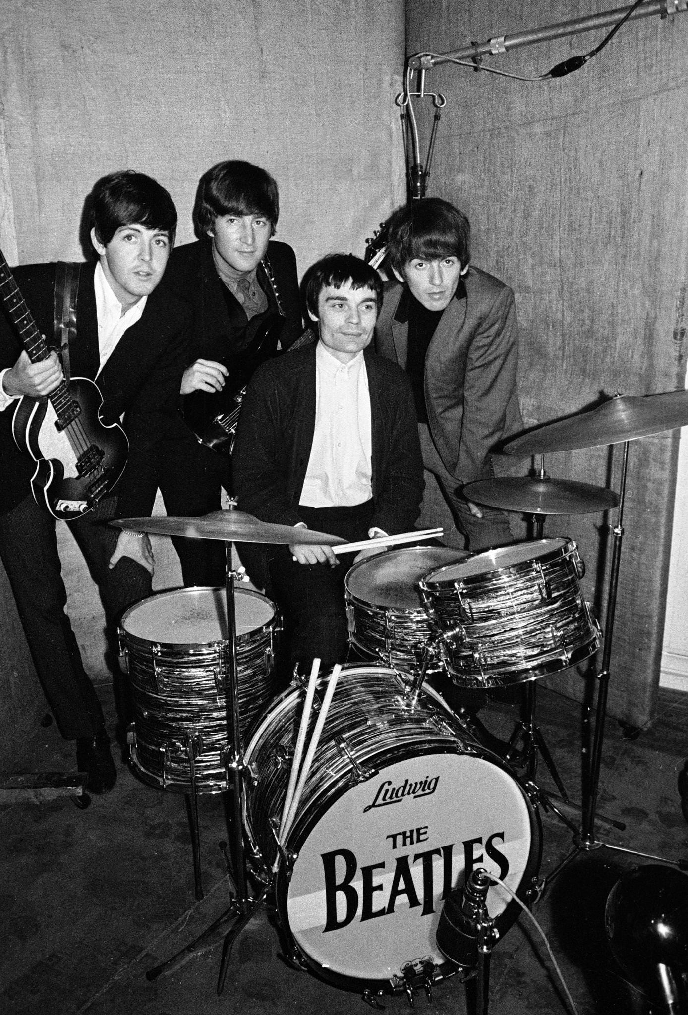 The Beatles With Temporary Drummer Jimmy Nicol Rehearsing In Emi Studio, London, 1964.