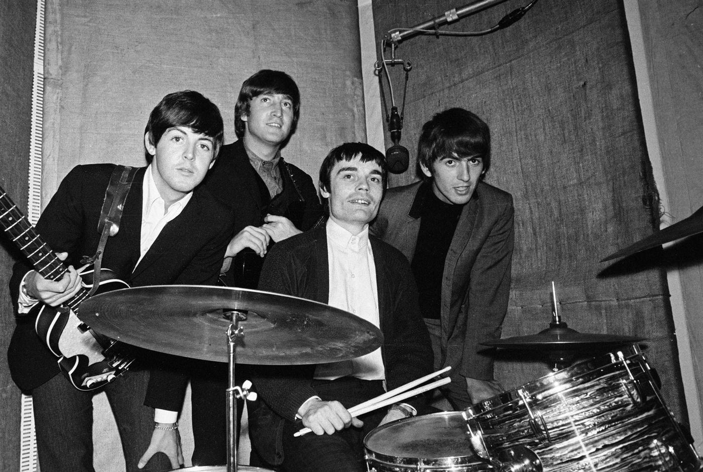 The Beatles With Temporary Drummer Jimmy Nicol Rehearsing In Emi Studio, London, 1964.