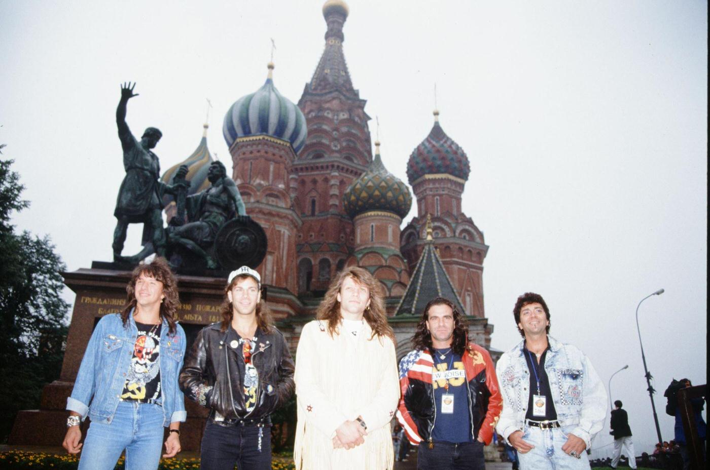 Bon Jovi In A Street Photo Shoot During The Moscow Music Peace Festival 1989, Featuring Richie Sambora, David Bryan, Jon Bon Jovi, Tico Torres, And Alec John Such, 1989.