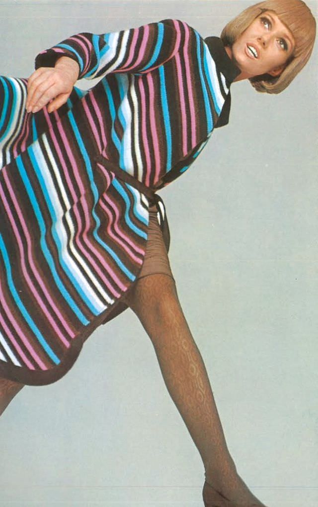 Nicole De La Marge In Striped Coat By Pierre Cardin, 1967