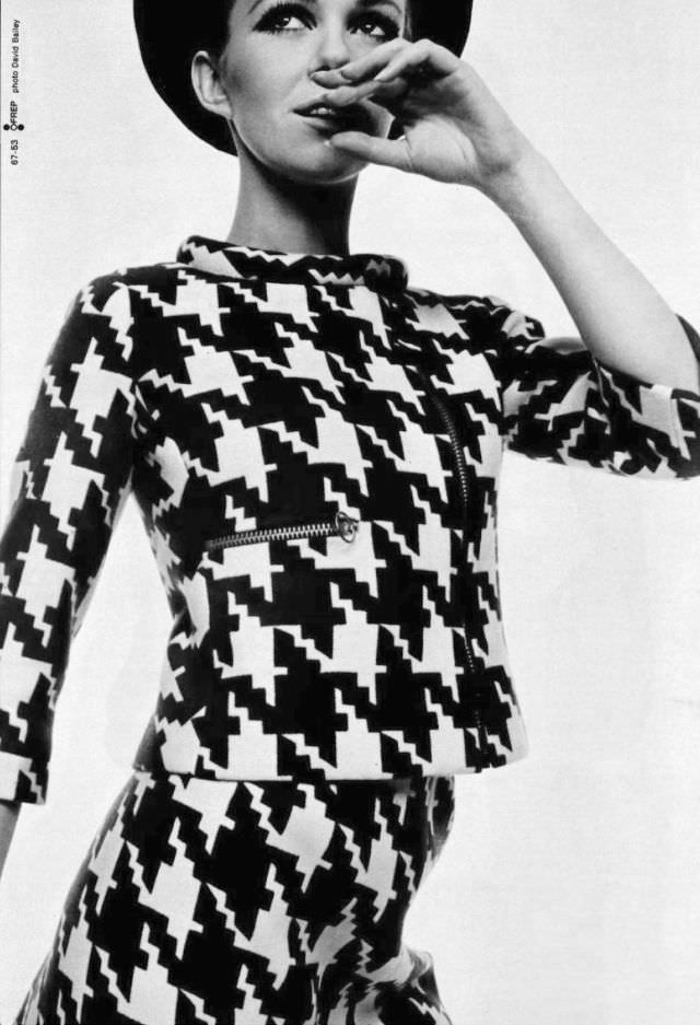 Nicole De La Marge In Houndstooth Wool Suit By Pierre Cardin, 1967
