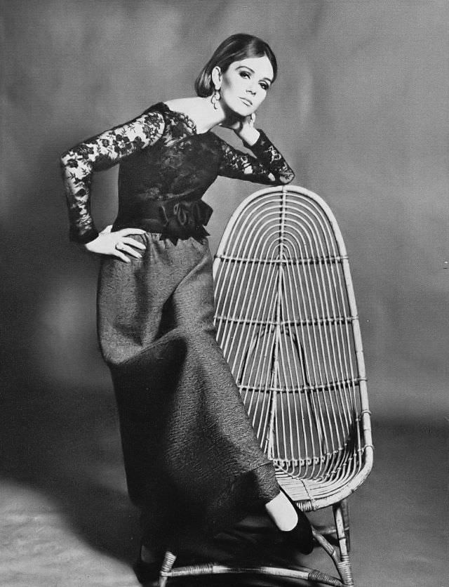 Nicole De La Marge In Lace Top And Tweed Skirt For Harper'S Bazaar Uk, 1964