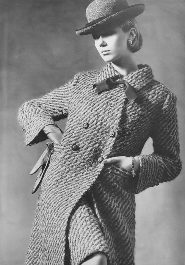 Nicole De La Marge In Amethyst And Brown Tweeds Ensemble, 1964