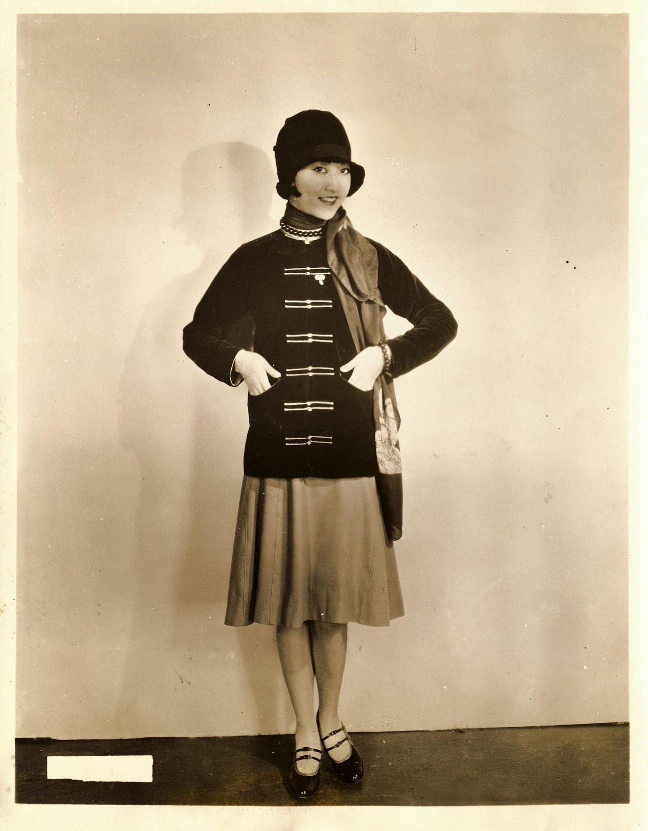 Anna May Wong Wearing A Sports Jacket Of Blue Velvet And A Gray Skirt, 1920S