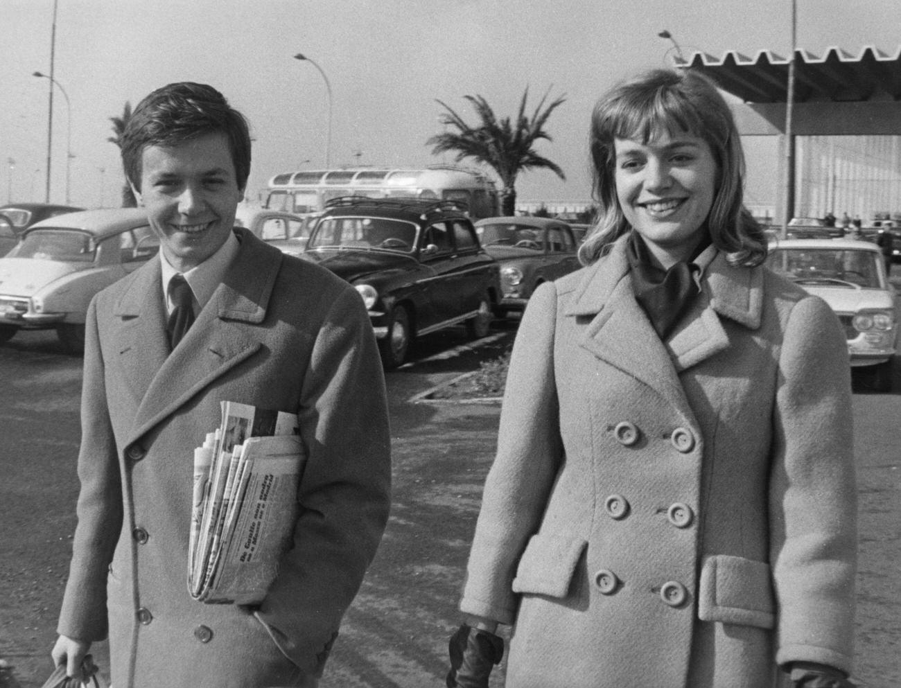 Fabrizio Capucci And Catherine Spaak At Rome Airport, 4Th February 1963.