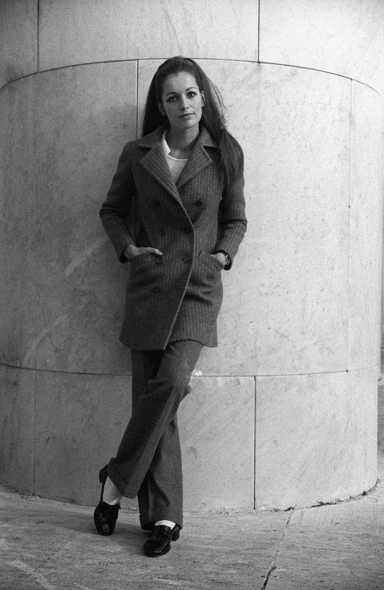 Catherine Spaak In A Pinstriped Double-Breasted Coat, Rome, 1969.