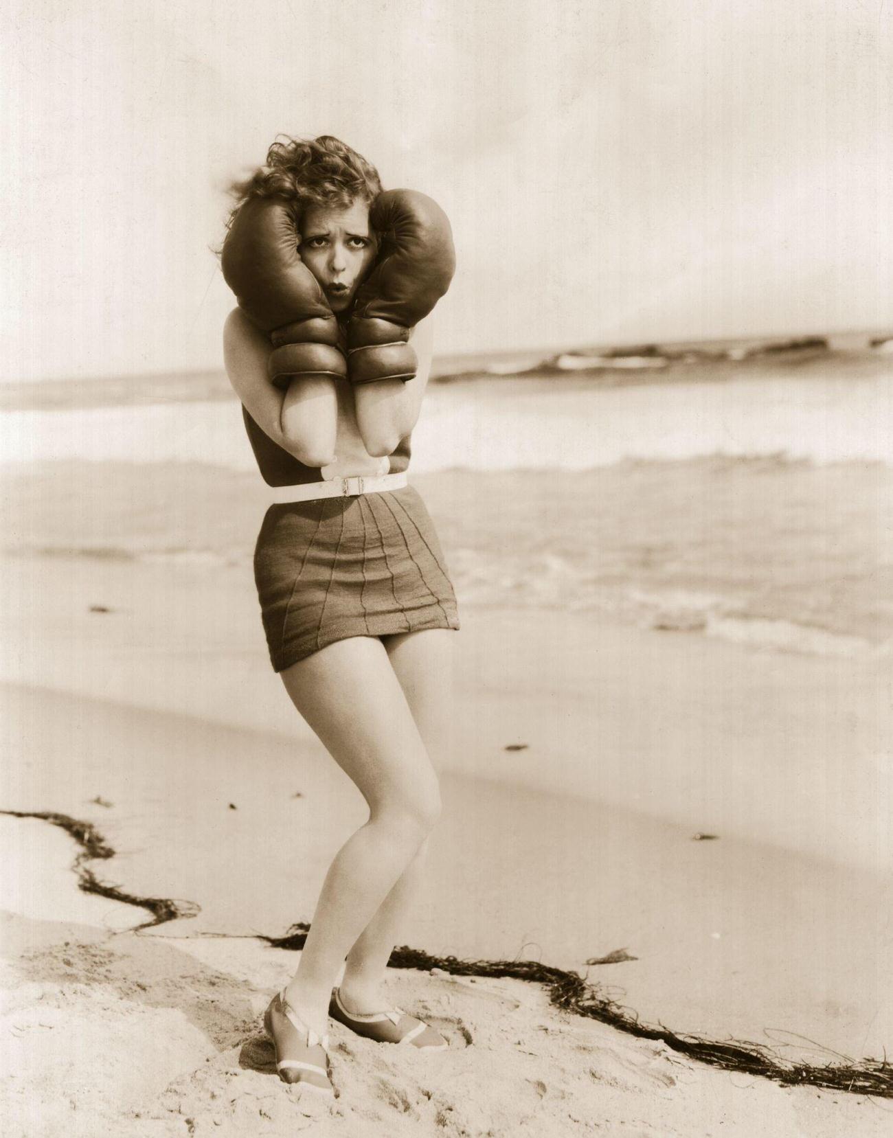 Clara Bow On Malibu Beach In Boxing Gloves1920S