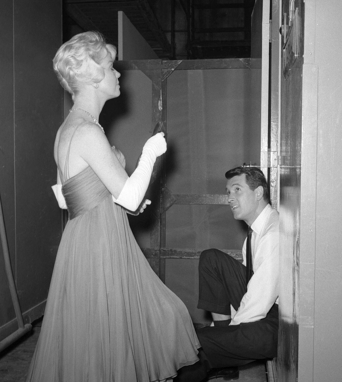 Doris Day And Rock Hudson On The Set Of 'Pillow Talk', 1959.