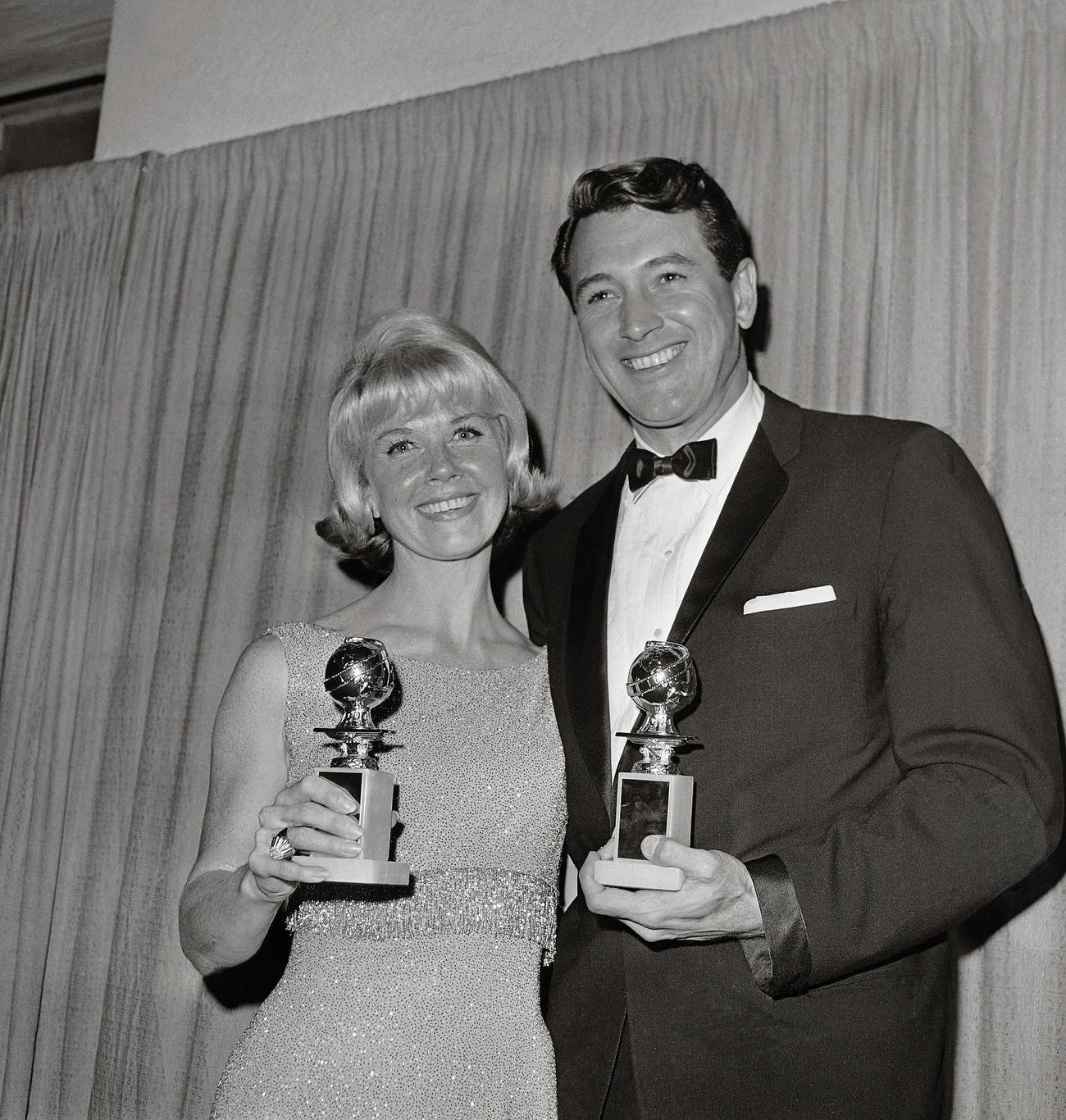 Doris Day And Rock Hudson With Golden Globes Awards.