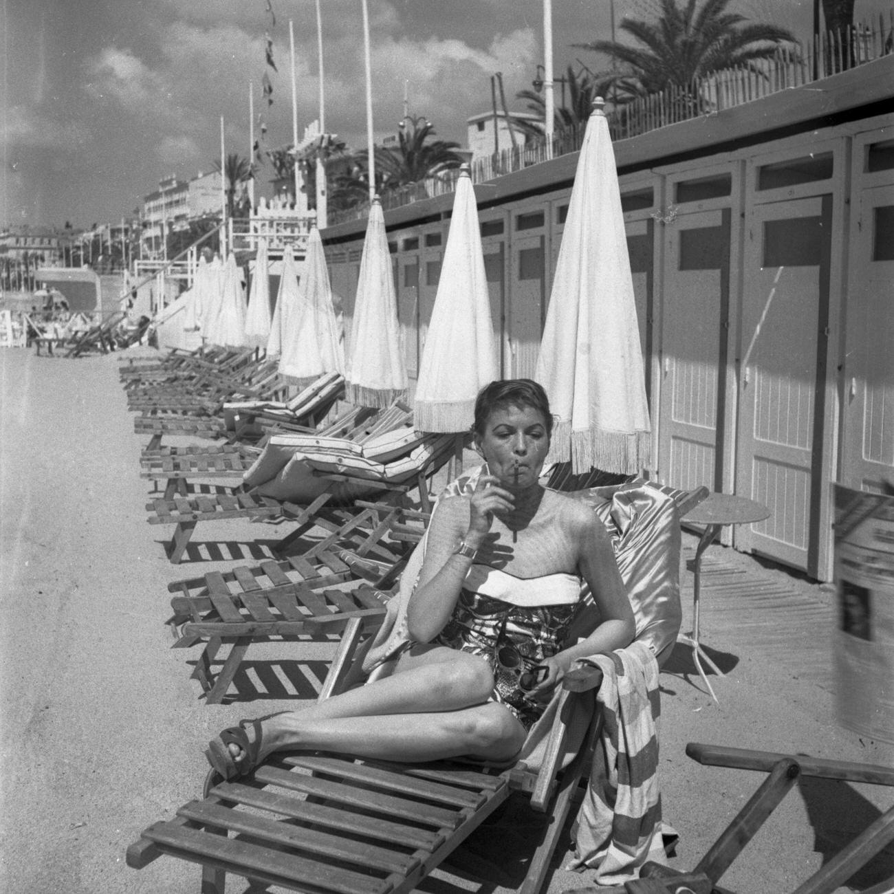 Eva Bartok On The Beach In Cannes, 1955.