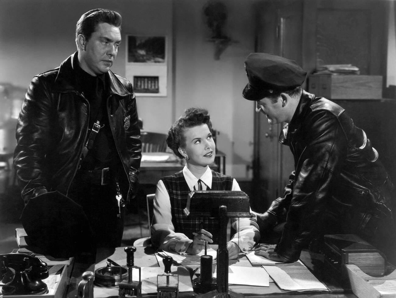 Mark Stevens, Gale Storm, Edmond O'Brien In 'Between Midnight And Dawn', 1950.