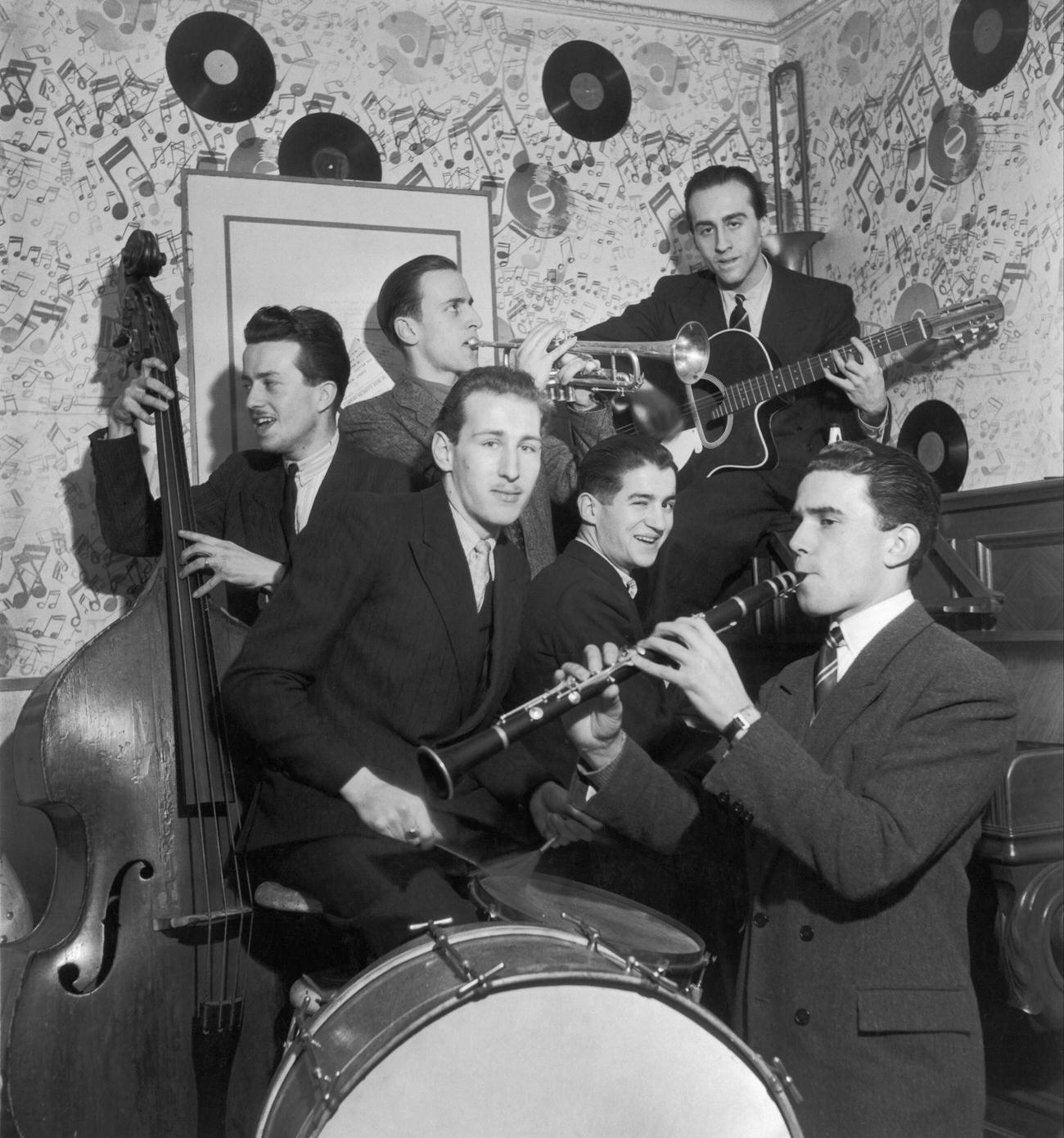 Jazz Musicians Boris Vian With The Abadie Orchestra At Hot Club Saint Germain Des Pres In Paris, France, Circa 1945.
