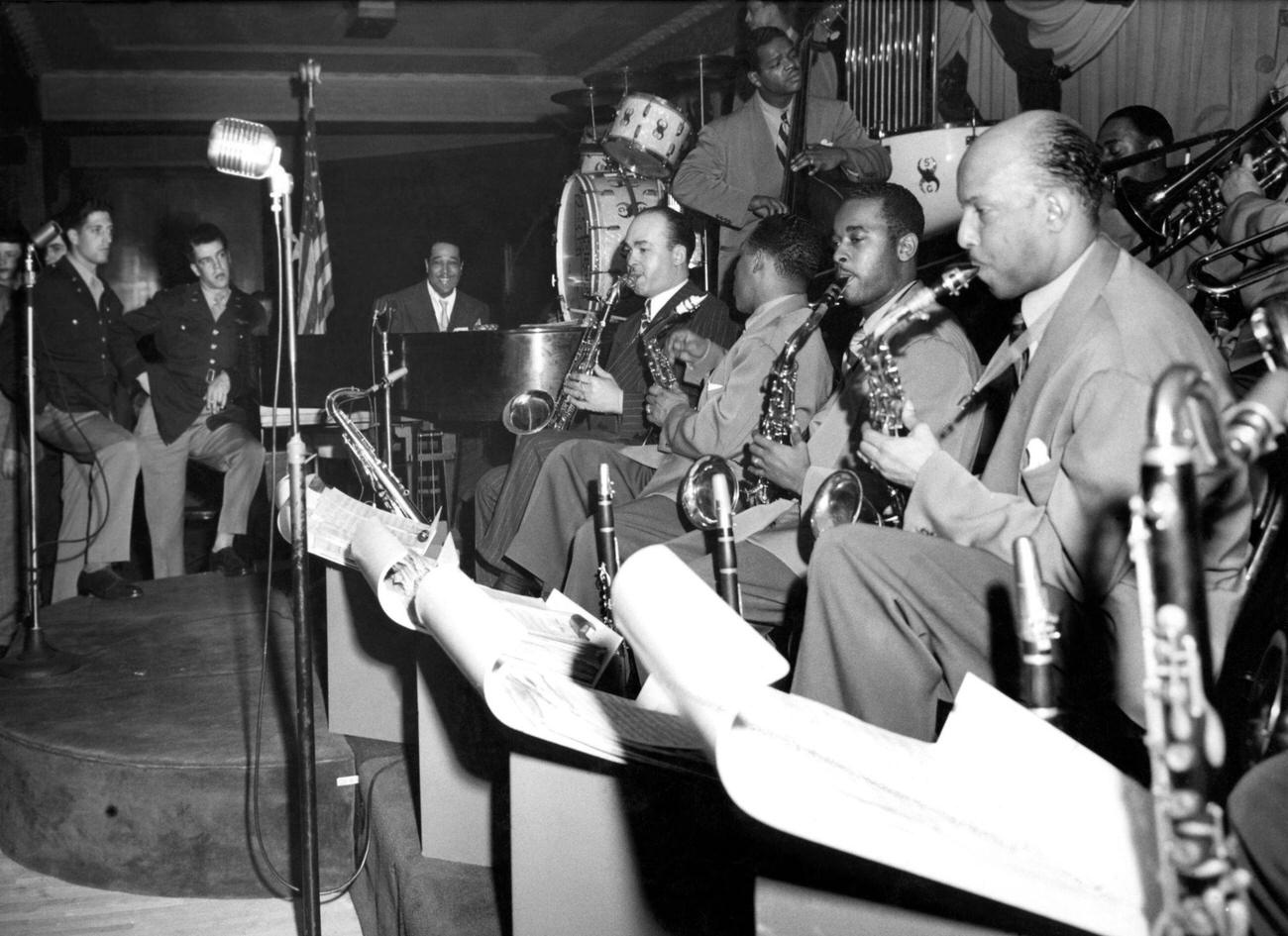 Duke Ellington Orchestra At A Club Date In 1945 With Members Including Duke Ellington, Al Sears, Johnny Hodges, Jimmy Hamilton, Otto Hardwich, Junior Raglin, And Sonny Greer.