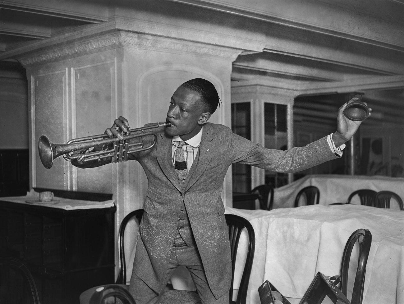 Johnny Dunn, Member Of 'Plantation Revue', Playing The Cornet Aboard Ss Albania, May 1923.