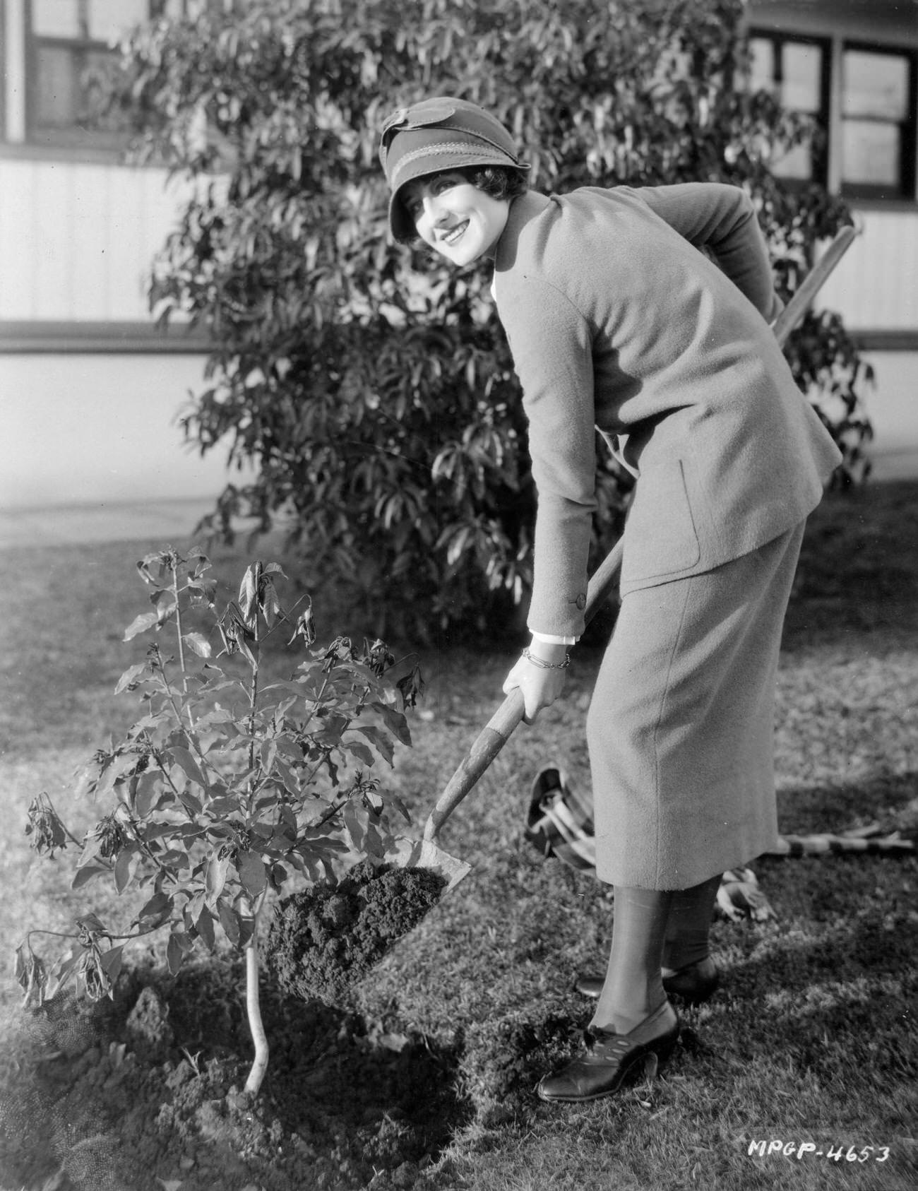 Norma Shearer Dressed Up To Plant A Small Tree, Circa 1929.