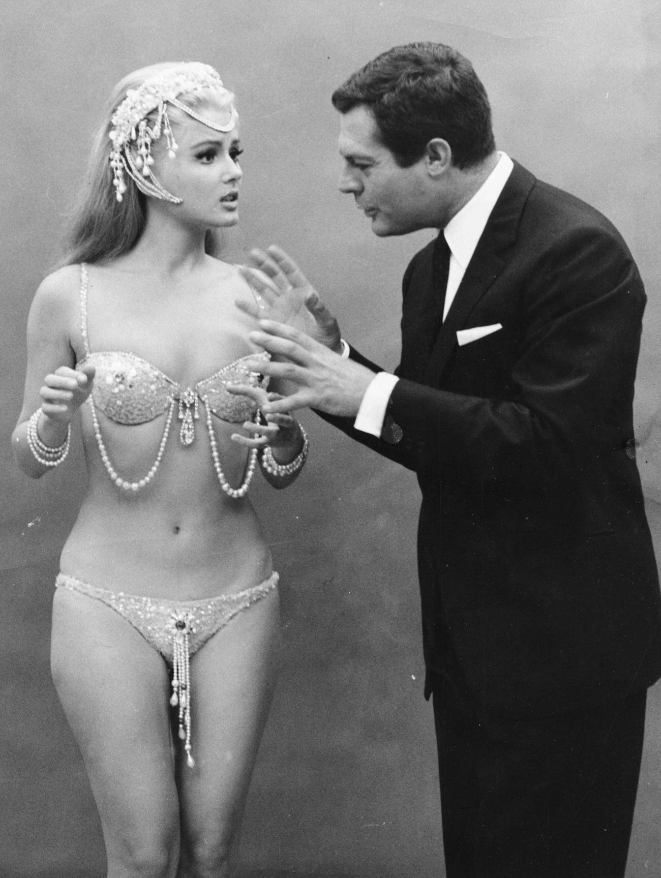 Pamela Tiffin And Marcello Mastroianni On Set Of 'Paranoia', Rome, October 1965.