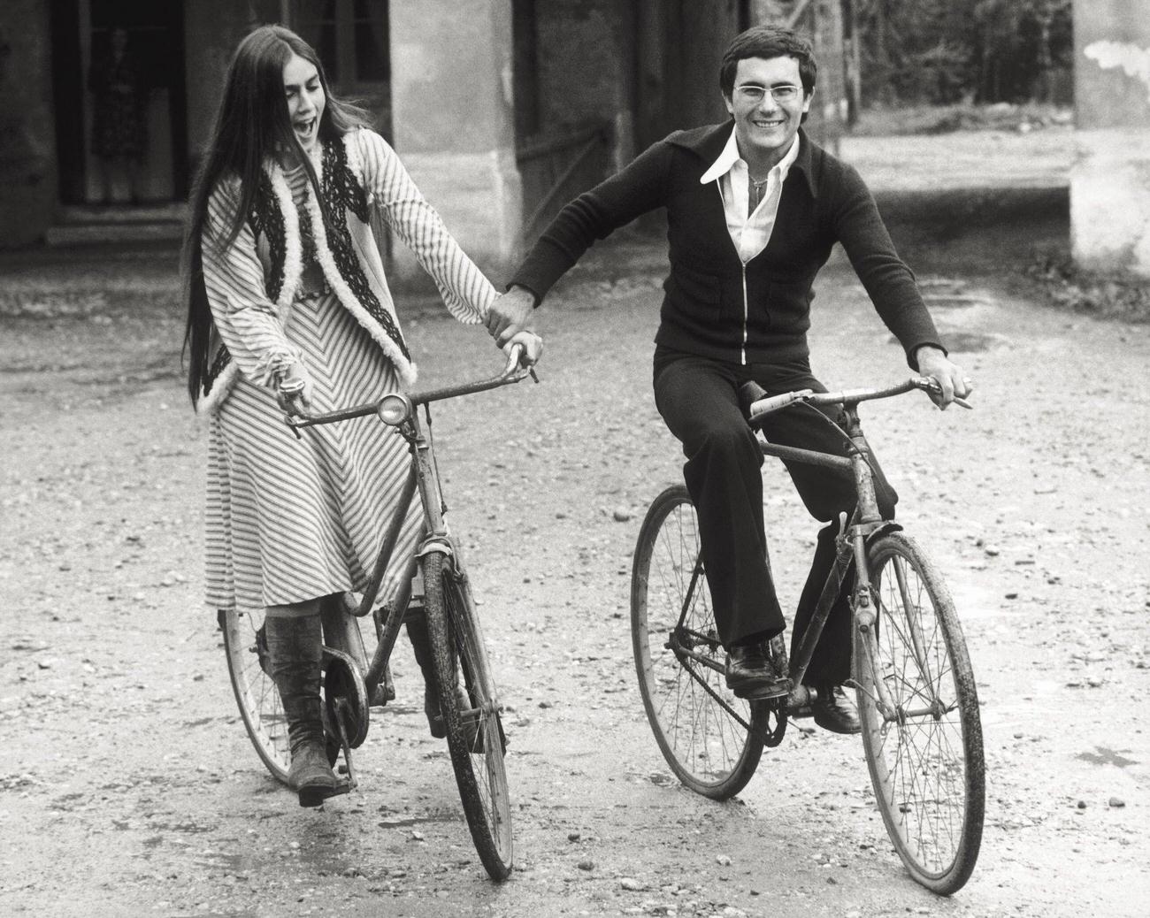 Al Bano Carrisi And Romina Power Posing On Bicycles, Milan, 1974.