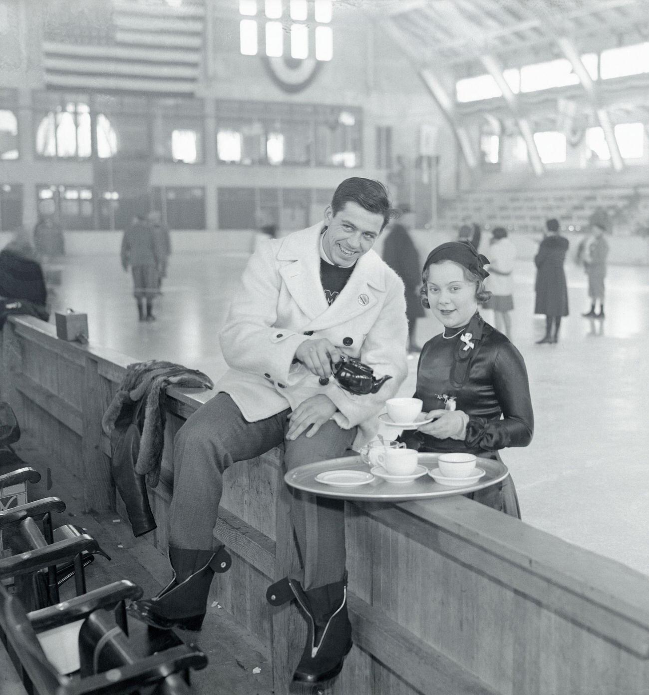 Jack Shea And Sonja Henie Drinking Tea At Lake Placid Winter Olympics.