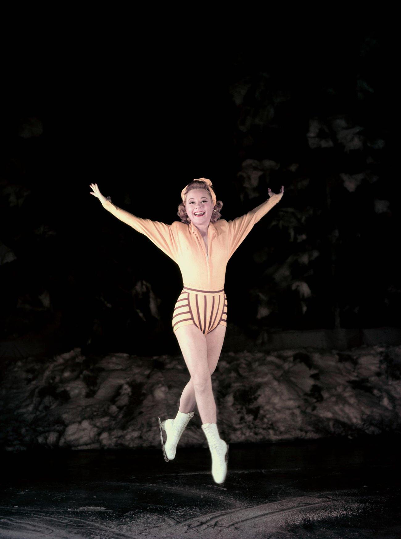 Sonja Henie In Mid-Air Ice Skating.