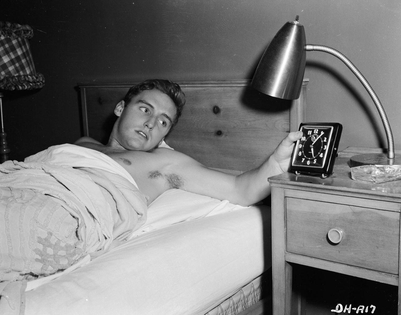 Dennis Hopper Waking Up And Checking The Time, Circa 1955.