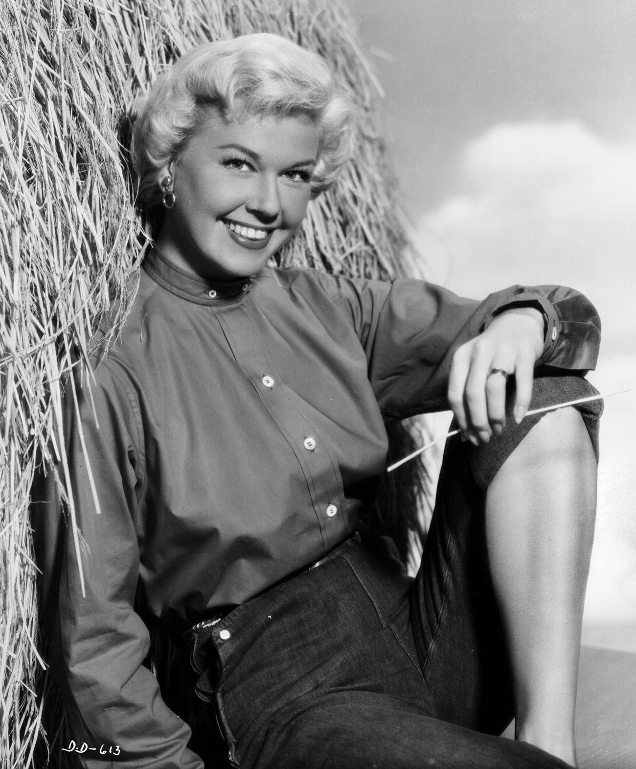Doris Day Wearing Jeans And Leaning Against A Bale Of Hay, 1951.