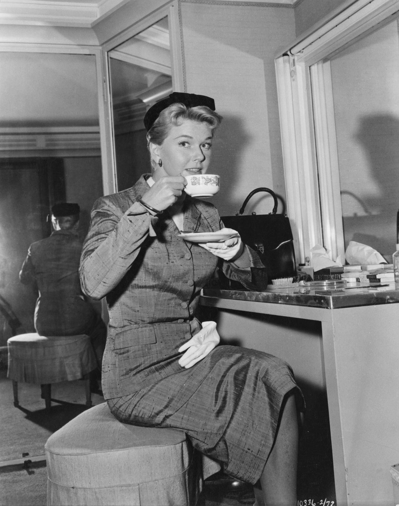 Doris Day Takes A Coffee Break During The Filming Of 'The Man Who Knew Too Much', 1956.