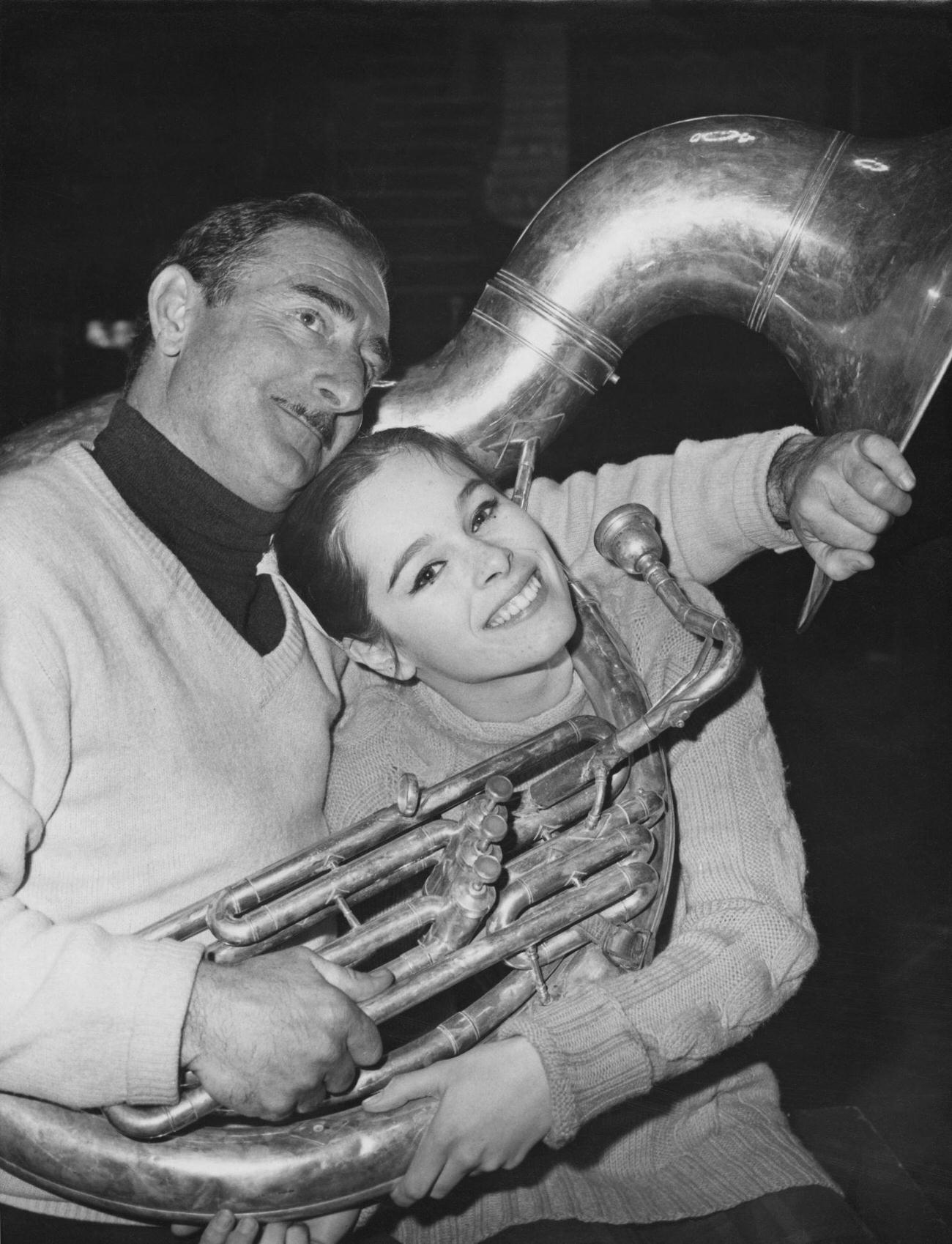 Geraldine Chaplin Recording A Radio Show With French Clown Achille Zavatta At Cirque Medrano In Paris, France, 1964.
