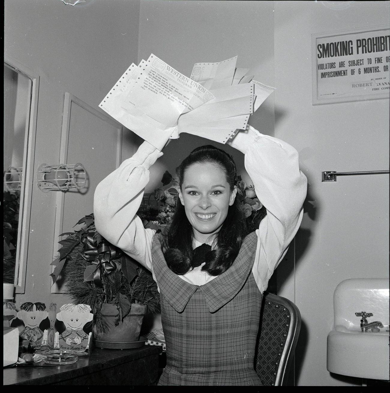 Geraldine Chaplin Holding Congratulatory Telegrams After Her Broadway Debut In &Amp;Quot;The Little Foxes&Amp;Quot;, New York, December 19, 1967.