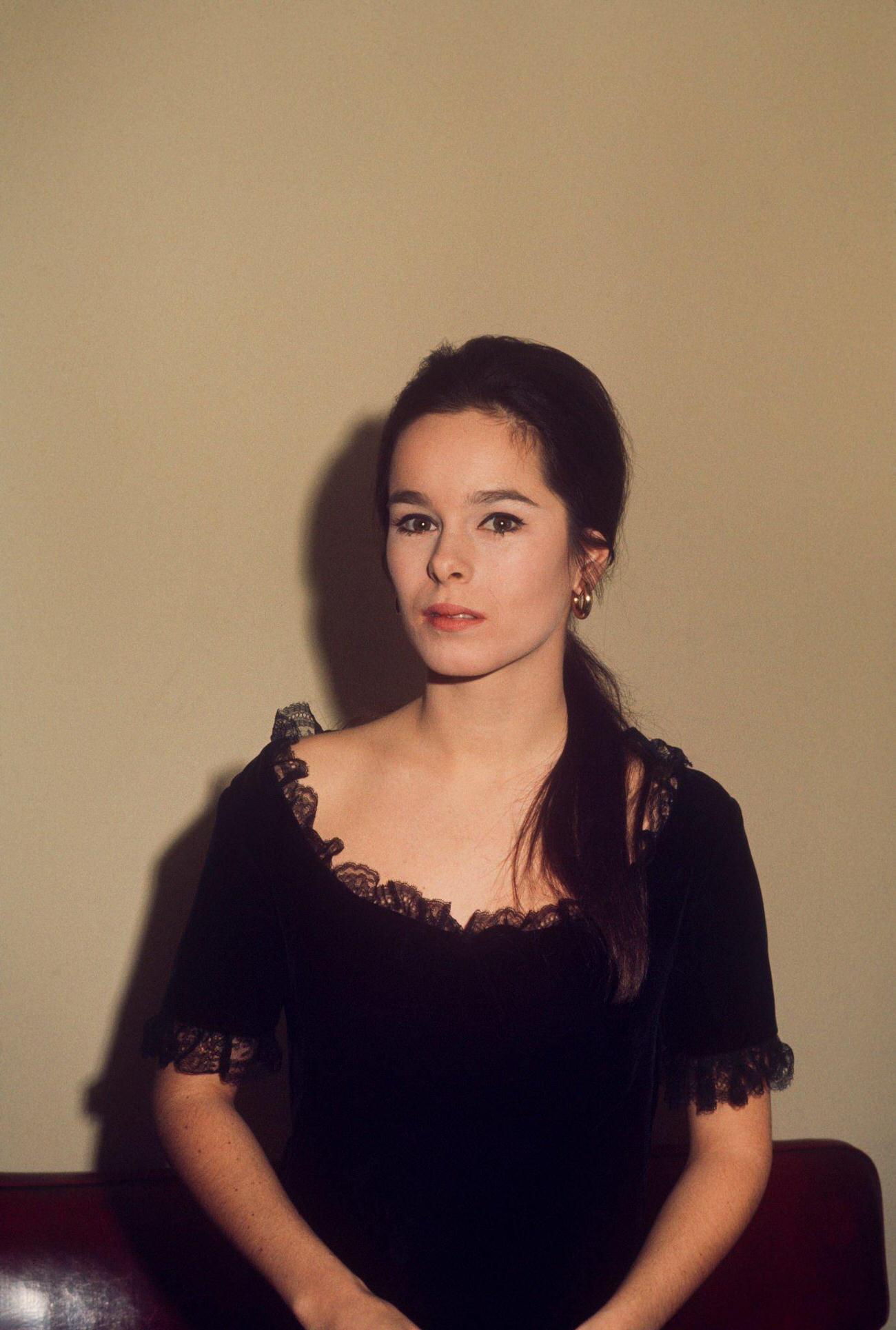 Geraldine Chaplin In A Black Lace Trimmed Dress, Circa 1970, New York.