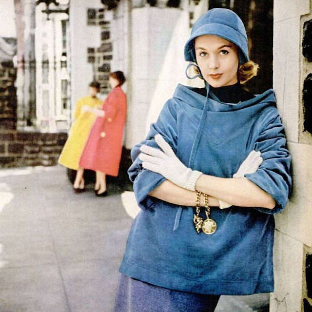 Model In Blue Velveteen Middy And Cap By Bonnie Cashin, 1952.