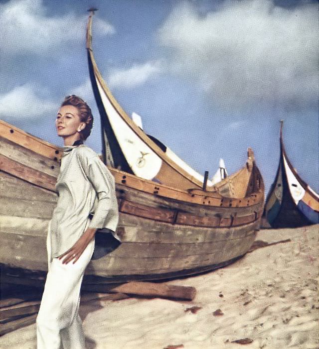 Sue Jenks In Reversible Striped Shirt By Bonnie Cashin, Portugal, June 1, 1952.