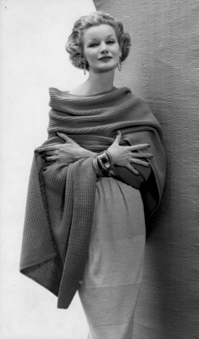 Sunny Harnett In Knit Shawl Over Dress By Bonnie Cashin For Guttman Bros., Circa 1953.