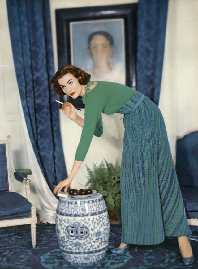 Joan Friedman In Tweed Skirt With Gold Lurex And Cashmere Sweater By Bonnie Cashin, December 1, 1956.