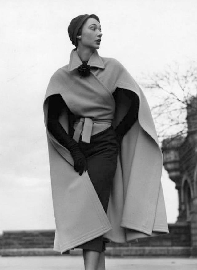 Sophie Malgat In Wool Cape Over Dress By Bonnie Cashin For Neiman Marcus, 1950.