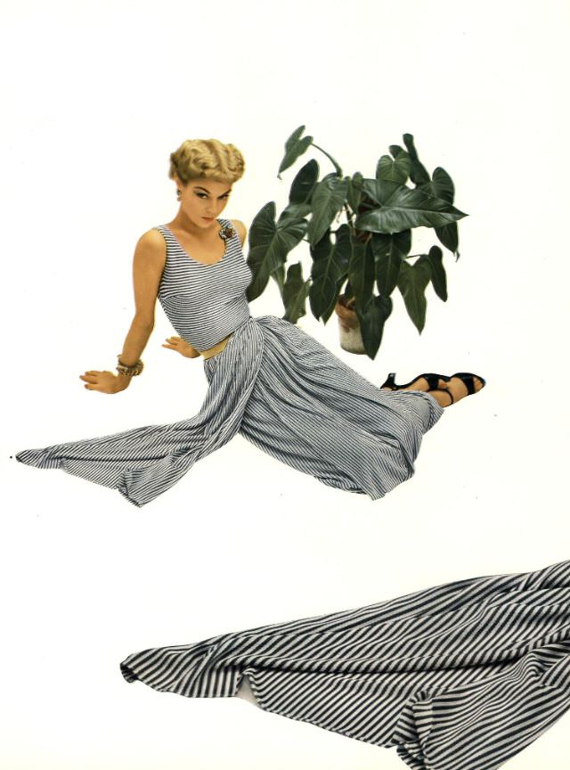 Jean Patchett In Striped Jersey Mesh Skirt And Top By Bonnie Cashin Of Adler And Adler, December 1951.