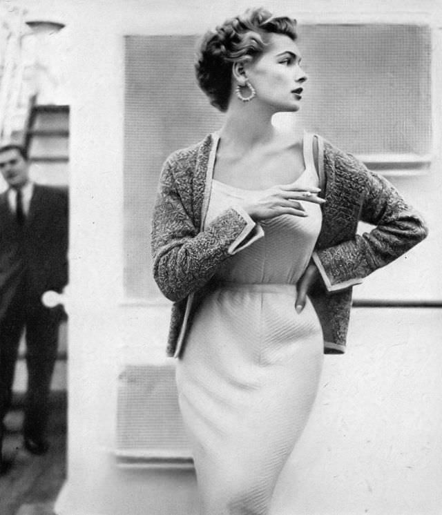 Georgia Hamilton In Sheath With Brown And Beige Knit Cardigan By Bonnie Cashin, Ss Santa Barbara, December 1952.