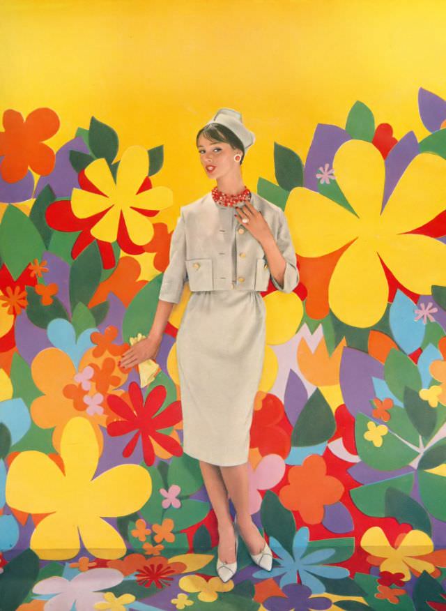 Dolores Hawkins In A Moygashel Linen Tweed Dress And Jacket By Larry Aldrich, Vogue, May 1, 1959.