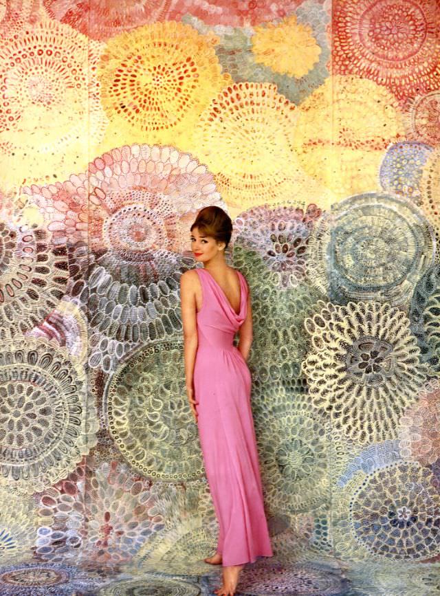 Dolores Hawkins In A Pink Nylon Cowl-Necked Nightgown By Rogers, Vogue, November 1, 1959.