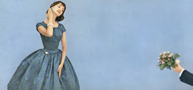 Dolores Hawkins In A Green And Blue Brocade Dress By Pat Hartly, Vogue, August 15, 1955.