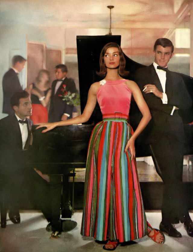 Dolores Hawkins In A Hot-Pink Velveteen Top And Colorful Challis Skirt By Mr. Gee, Harper'S Bazaar, November 1957.