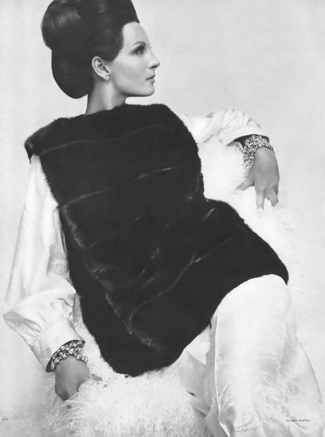 Mirella Petteni In Mink And Silk Brocade Pajamas By Donald Brooks For Townley, Vogue, October 1, 1963.