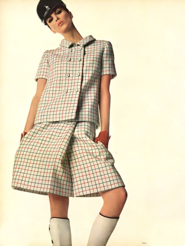 Wilhelmina In A Wool Check Suit By Donald Brooks, Vogue, February 1, 1966.