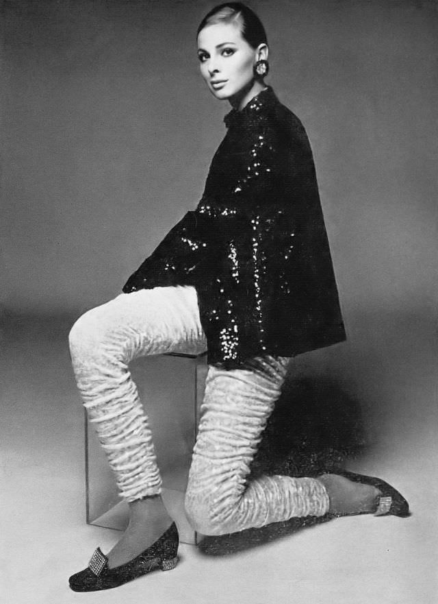 Camilla Sparv In A Sequined Pantsuit By Donald Brooks, Harper'S Bazaar, December 1967.